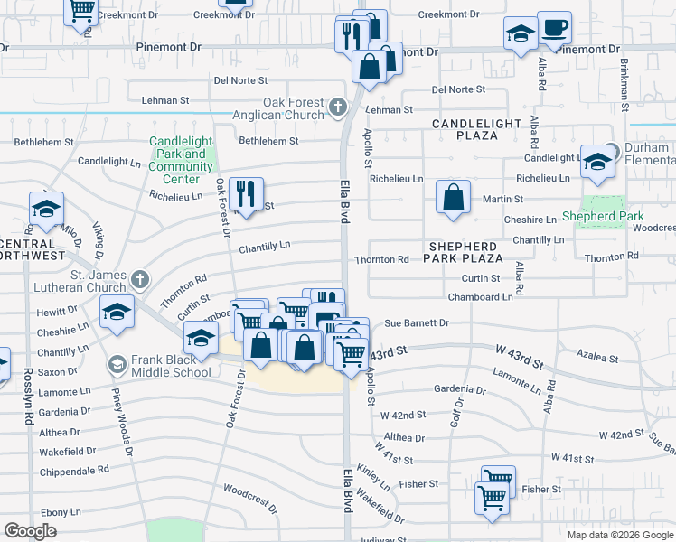 map of restaurants, bars, coffee shops, grocery stores, and more near 4509 Ella Boulevard in Houston