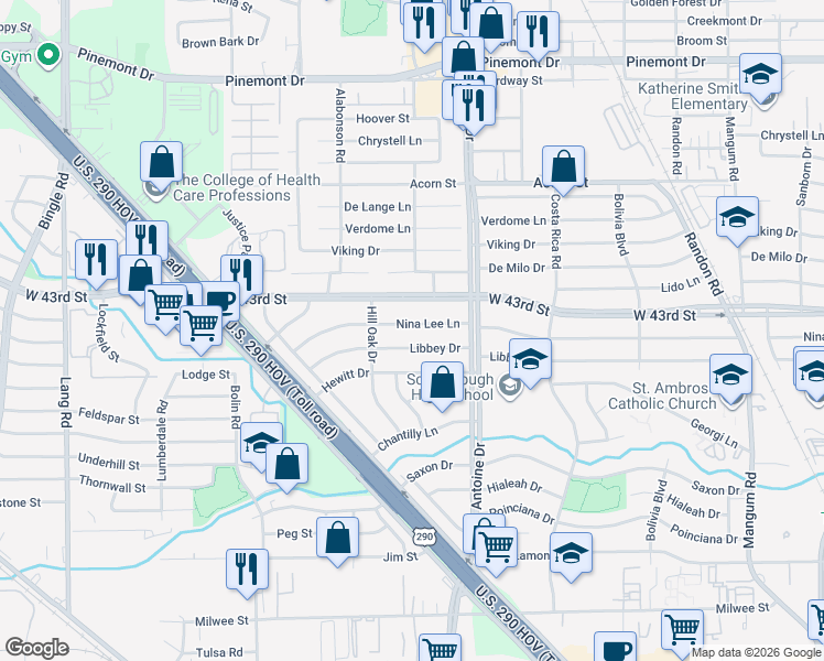 map of restaurants, bars, coffee shops, grocery stores, and more near 5619 Nina Lee Lane in Houston