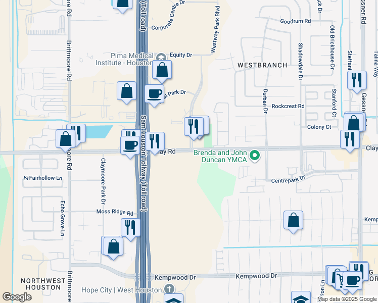 map of restaurants, bars, coffee shops, grocery stores, and more near 10815 Clay Road in Houston