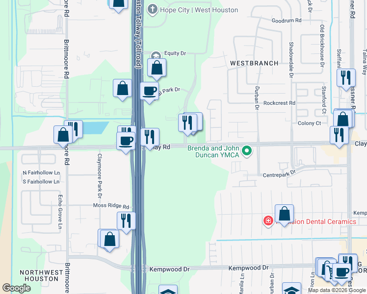 map of restaurants, bars, coffee shops, grocery stores, and more near 10807 Clay Road in Houston