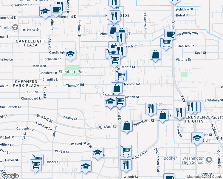map of restaurants, bars, coffee shops, grocery stores, and more near 4617 North Shepherd Drive in Houston
