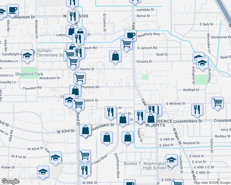 map of restaurants, bars, coffee shops, grocery stores, and more near 413 Thornton Road in Houston