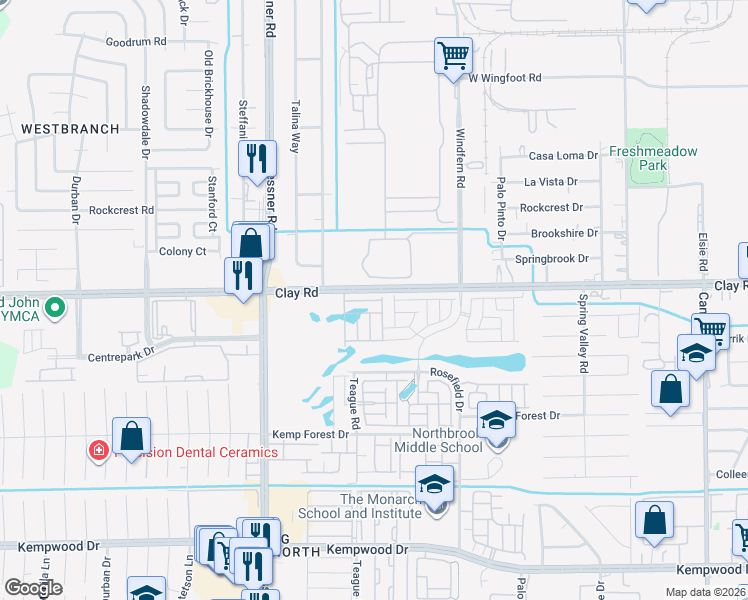 map of restaurants, bars, coffee shops, grocery stores, and more near 9983-10005 Clay Rd in Houston