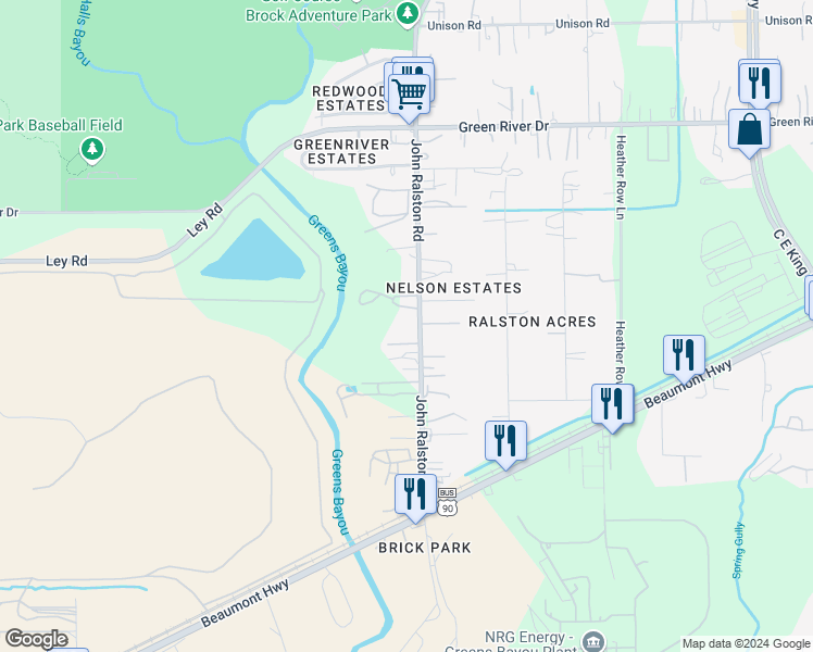 map of restaurants, bars, coffee shops, grocery stores, and more near 7417 John Ralston Road in Houston