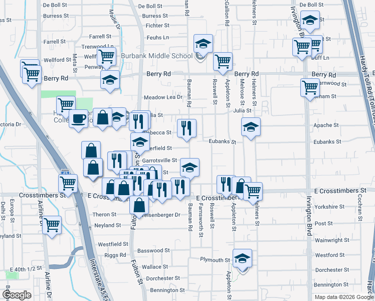 map of restaurants, bars, coffee shops, grocery stores, and more near 254 Deerfield Street in Houston