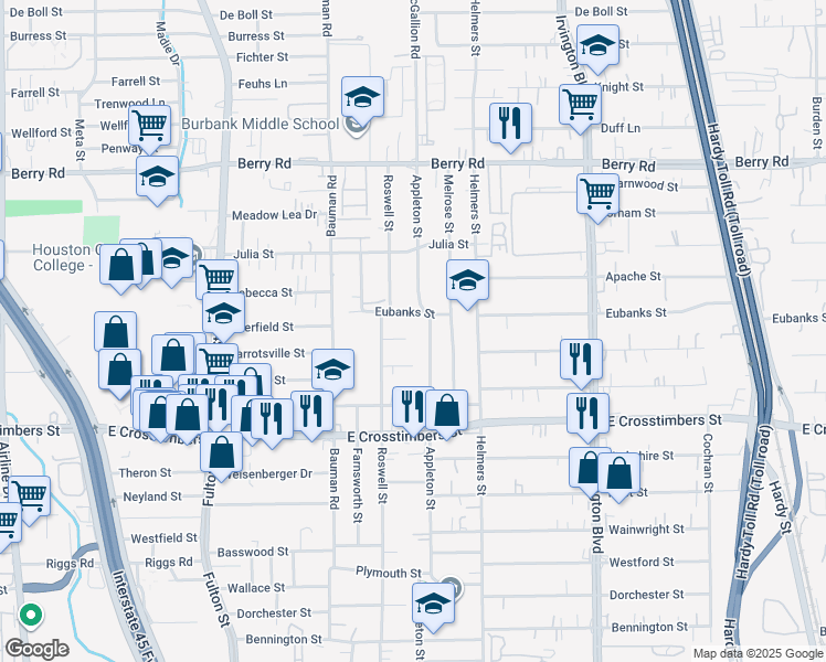 map of restaurants, bars, coffee shops, grocery stores, and more near 427 Garrotsville Street in Houston