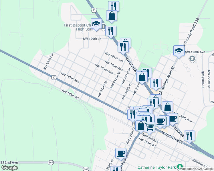 map of restaurants, bars, coffee shops, grocery stores, and more near 605 Northwest 4th Avenue in High Springs