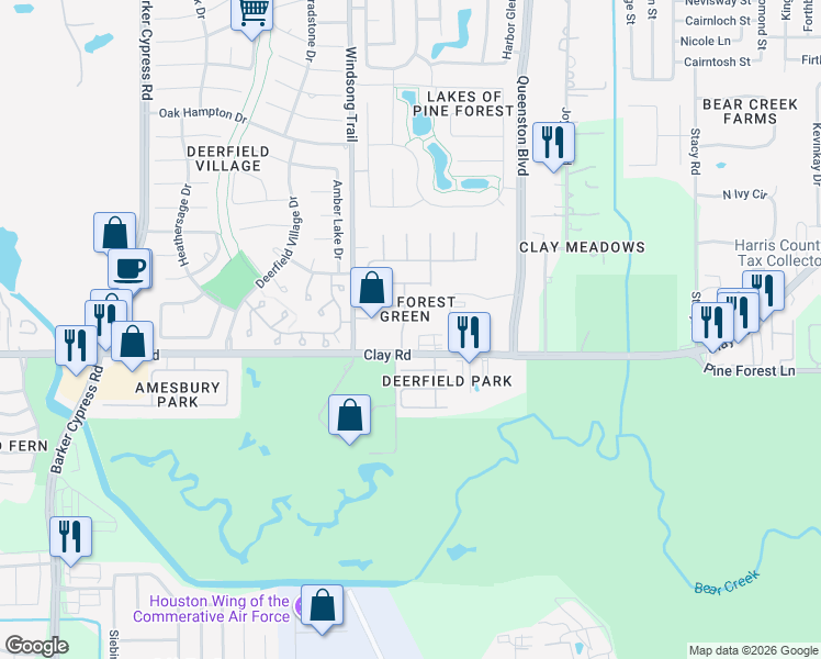 map of restaurants, bars, coffee shops, grocery stores, and more near 3818 Pine Forest Green Boulevard in Houston