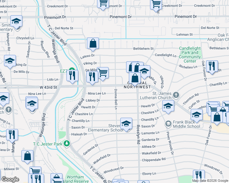 map of restaurants, bars, coffee shops, grocery stores, and more near 2002 Nina Lee Lane in Houston