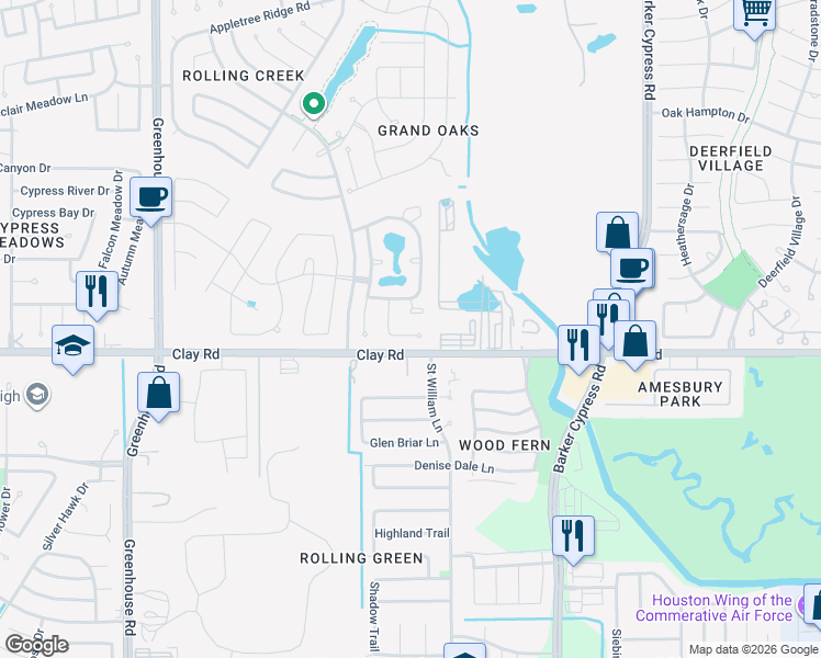 map of restaurants, bars, coffee shops, grocery stores, and more near 18614 Tanglerose Court in Houston