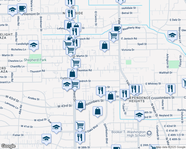 map of restaurants, bars, coffee shops, grocery stores, and more near 513 Thornton Road in Houston