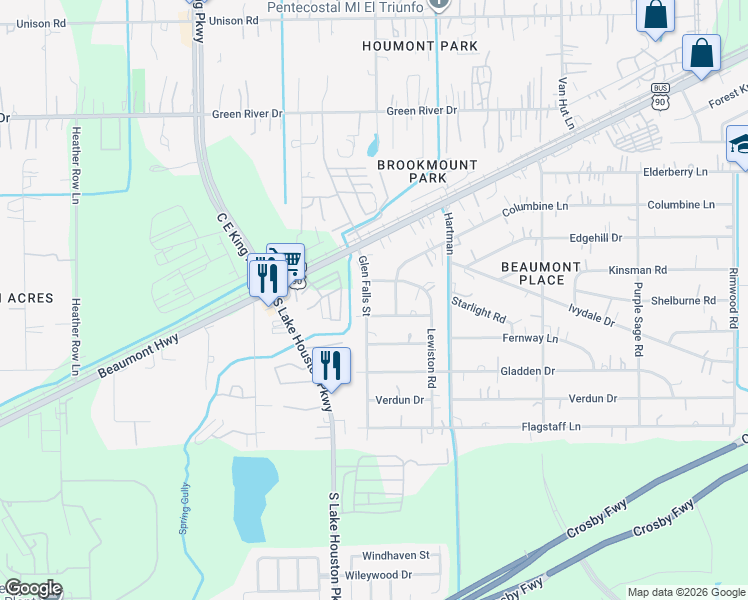 map of restaurants, bars, coffee shops, grocery stores, and more near 7410 Glen Falls Street in Houston
