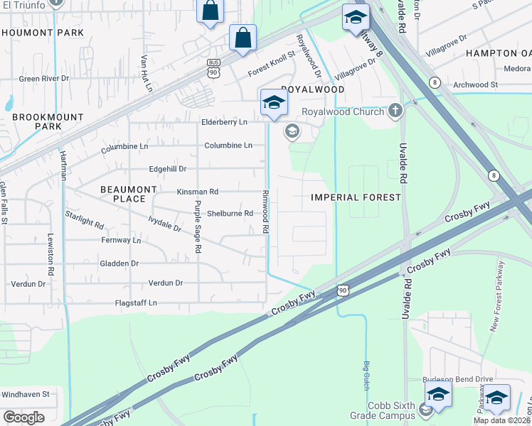 map of restaurants, bars, coffee shops, grocery stores, and more near 7400 Rimwood Road in Houston