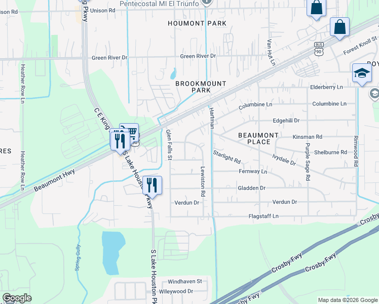 map of restaurants, bars, coffee shops, grocery stores, and more near 7410 Columbine Lane in Houston
