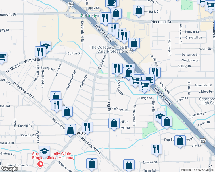 map of restaurants, bars, coffee shops, grocery stores, and more near 6601 Midfield Drive in Houston