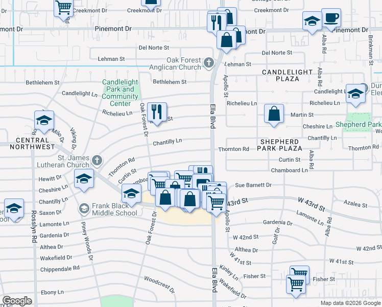 map of restaurants, bars, coffee shops, grocery stores, and more near 1235 Thornton Road in Houston