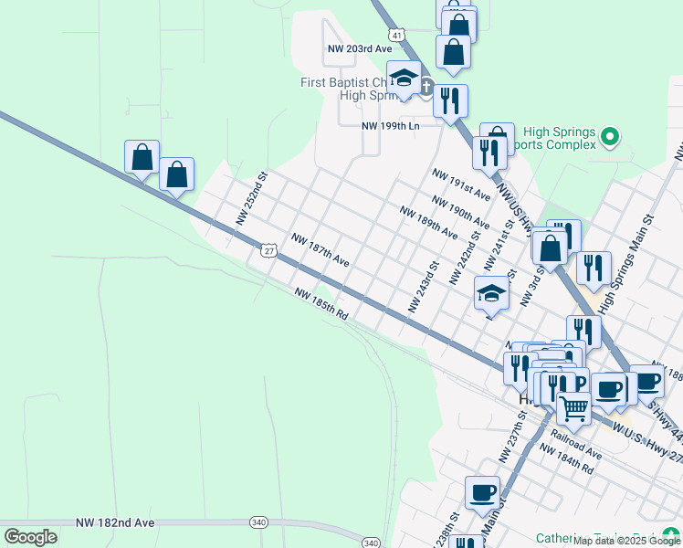 map of restaurants, bars, coffee shops, grocery stores, and more near 115-125 Northwest 10th Street in High Springs