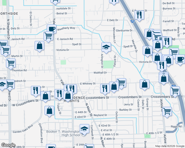map of restaurants, bars, coffee shops, grocery stores, and more near 312 Walthall Drive in Houston