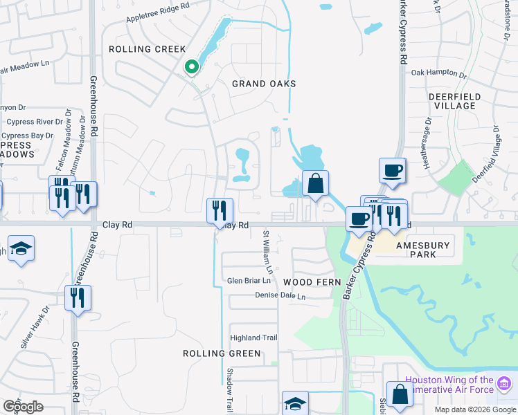 map of restaurants, bars, coffee shops, grocery stores, and more near 18614 Tanglerose Court in Houston