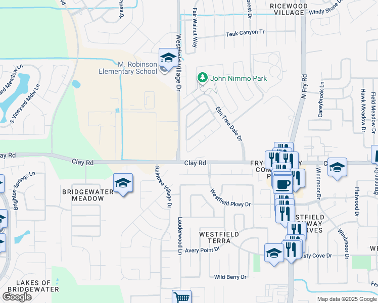 map of restaurants, bars, coffee shops, grocery stores, and more near 20743 Iron Timber Lane in Katy