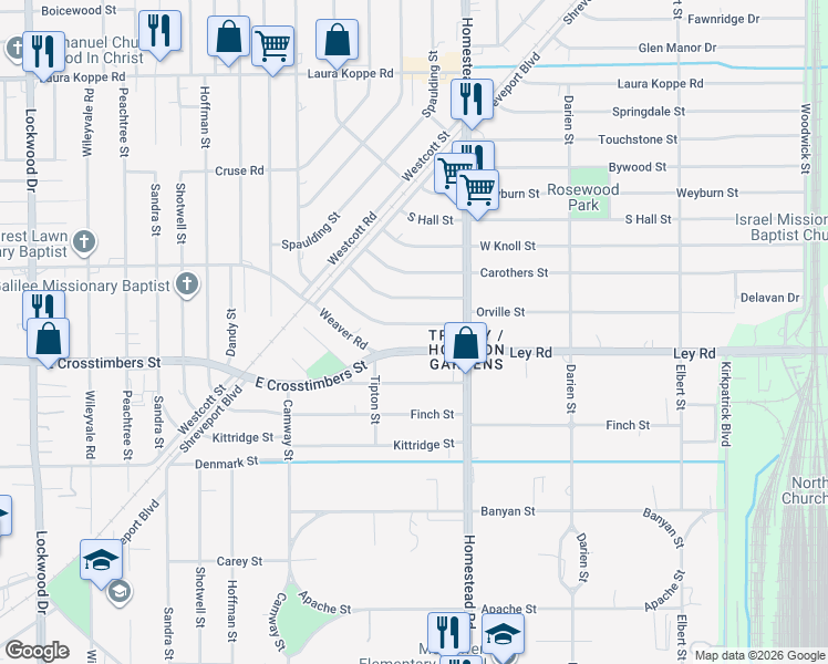 map of restaurants, bars, coffee shops, grocery stores, and more near 6912 Larkstone Street in Houston