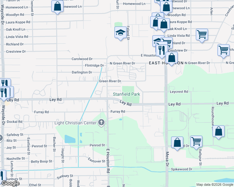 map of restaurants, bars, coffee shops, grocery stores, and more near 7600 East Houston Road in Houston