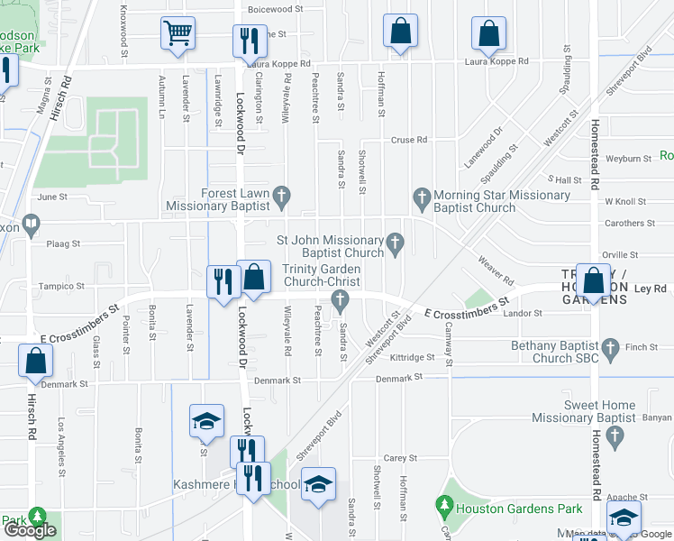 map of restaurants, bars, coffee shops, grocery stores, and more near 7903 Sandra Street in Houston