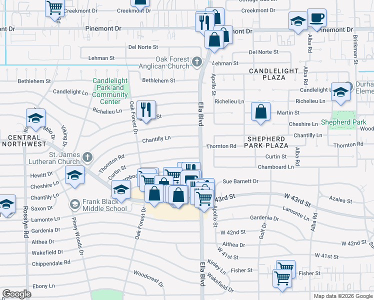 map of restaurants, bars, coffee shops, grocery stores, and more near 1223 Thornton Road in Houston
