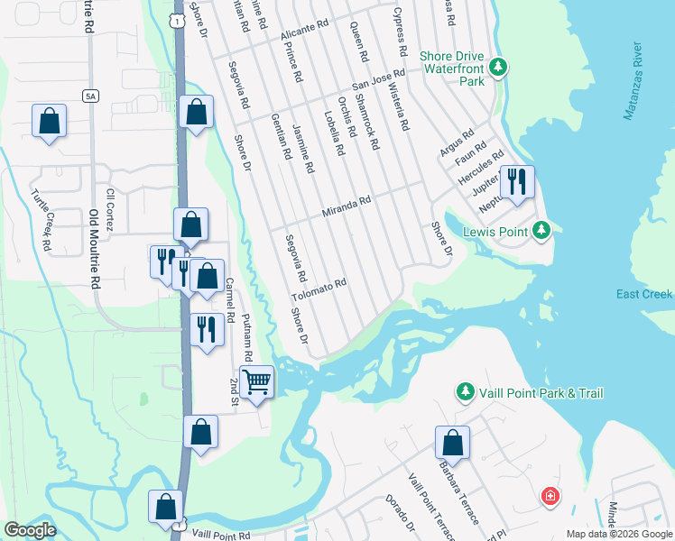map of restaurants, bars, coffee shops, grocery stores, and more near 444 Jasmine Road in St. Augustine