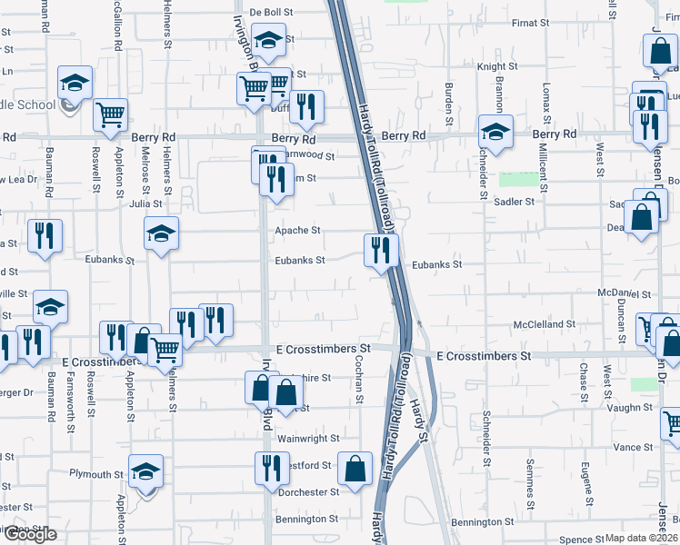 map of restaurants, bars, coffee shops, grocery stores, and more near 1100 Eubanks Street in Houston