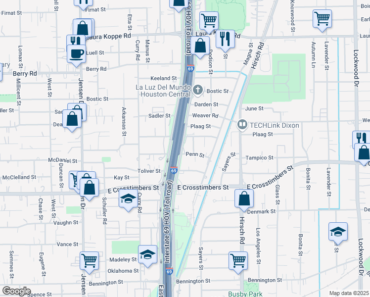 map of restaurants, bars, coffee shops, grocery stores, and more near 7900 Eastex Freeway in Houston