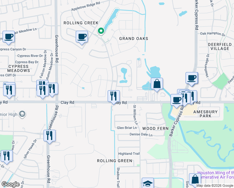 map of restaurants, bars, coffee shops, grocery stores, and more near 4114 Cascade Oaks Court in Houston