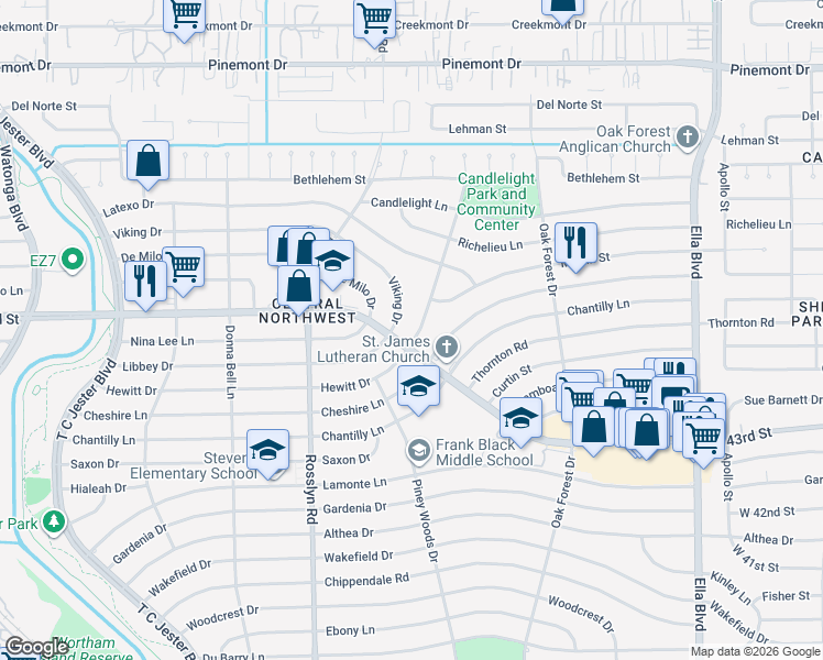 map of restaurants, bars, coffee shops, grocery stores, and more near 1558 Hewitt Drive in Houston