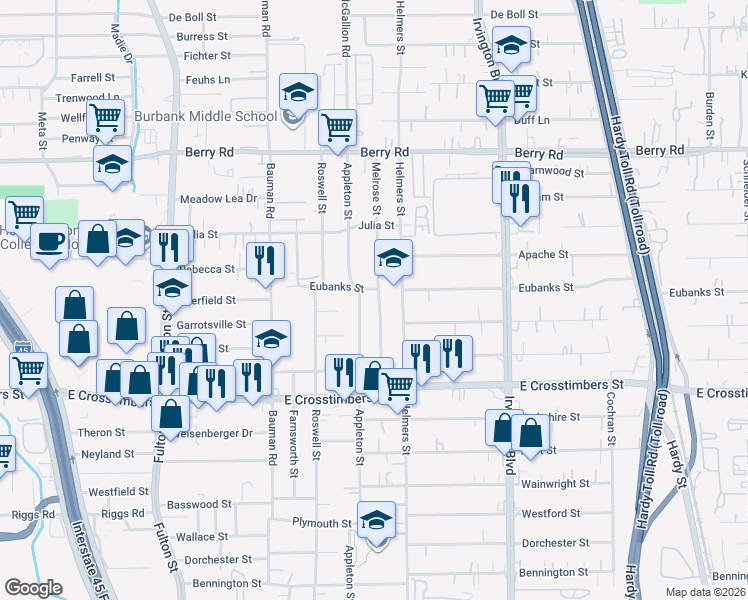 map of restaurants, bars, coffee shops, grocery stores, and more near 7717 Melrose Street in Houston