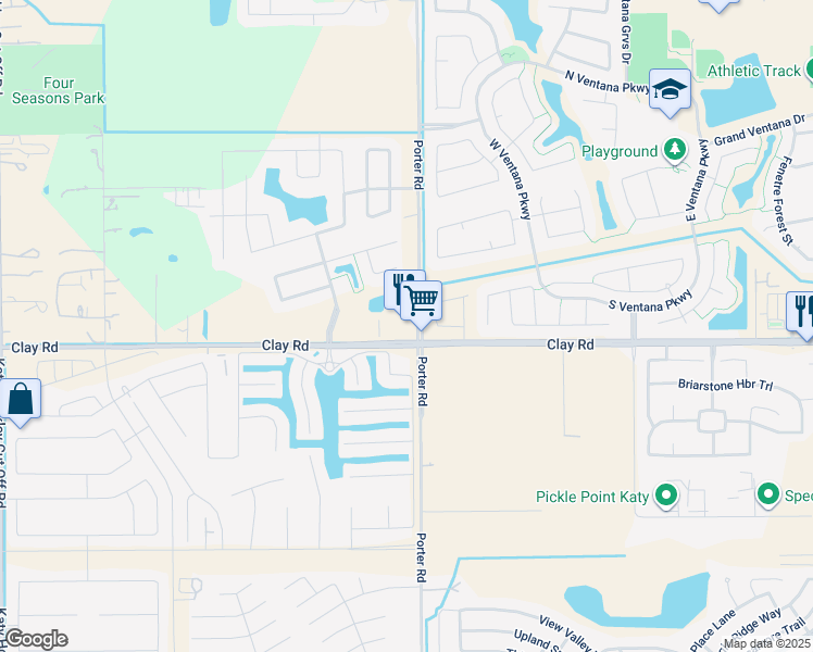 map of restaurants, bars, coffee shops, grocery stores, and more near 24002 Clay Road in Katy