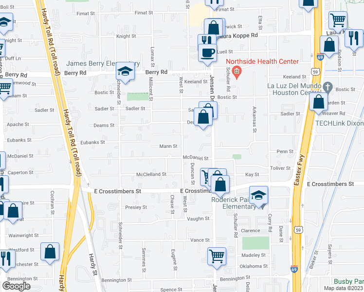 map of restaurants, bars, coffee shops, grocery stores, and more near 8001 West Street in Houston