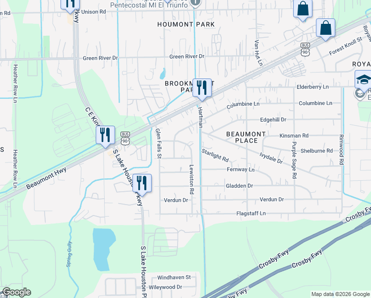map of restaurants, bars, coffee shops, grocery stores, and more near 7410 Columbine Lane in Houston