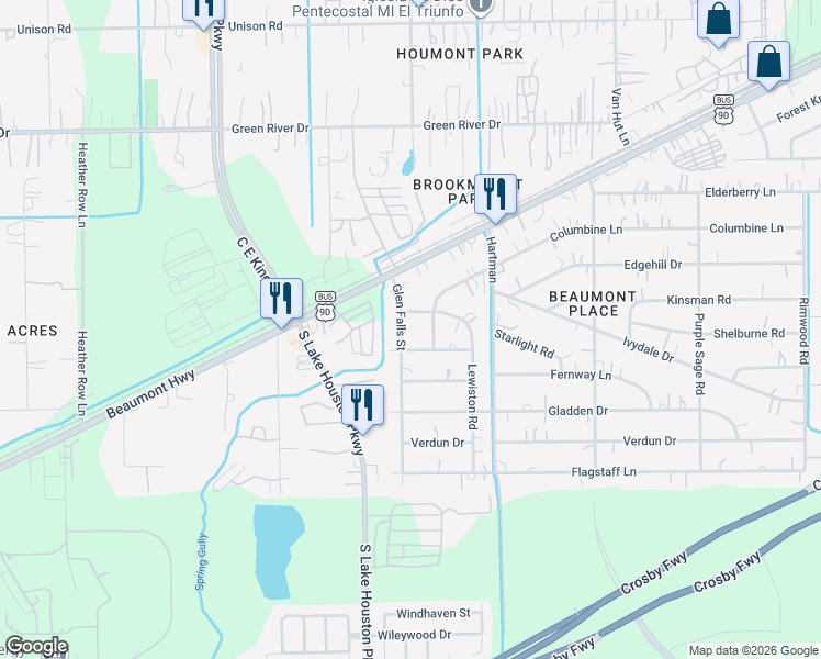 map of restaurants, bars, coffee shops, grocery stores, and more near 7410 Glen Falls Street in Houston
