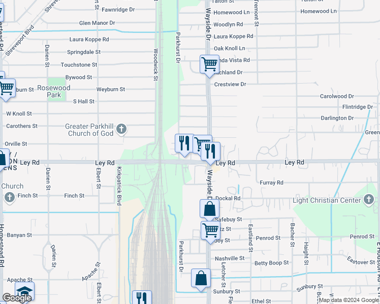 map of restaurants, bars, coffee shops, grocery stores, and more near 7813 Ley Road in Houston