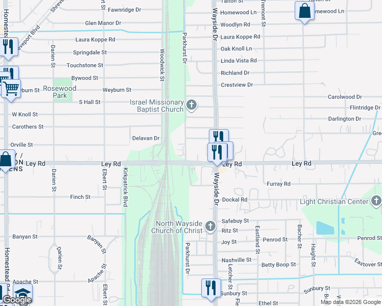 map of restaurants, bars, coffee shops, grocery stores, and more near 7813 Ley Road in Houston