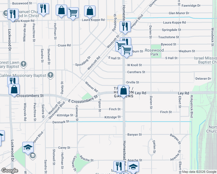 map of restaurants, bars, coffee shops, grocery stores, and more near 6912 Larkstone Street in Houston
