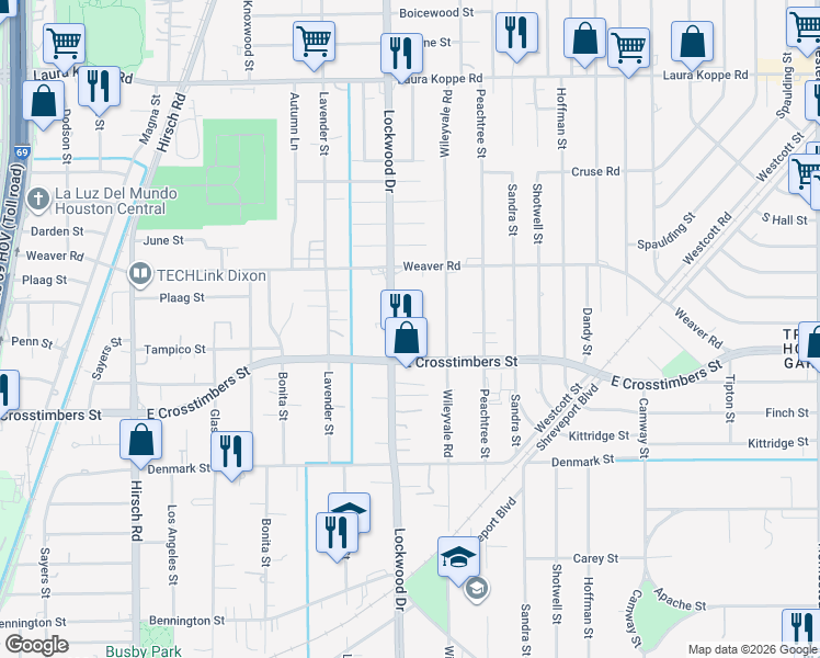 map of restaurants, bars, coffee shops, grocery stores, and more near 7829 Wileyvale Road in Houston