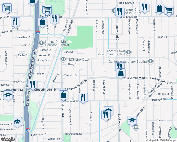 map of restaurants, bars, coffee shops, grocery stores, and more near 7909 Bonita Street in Houston