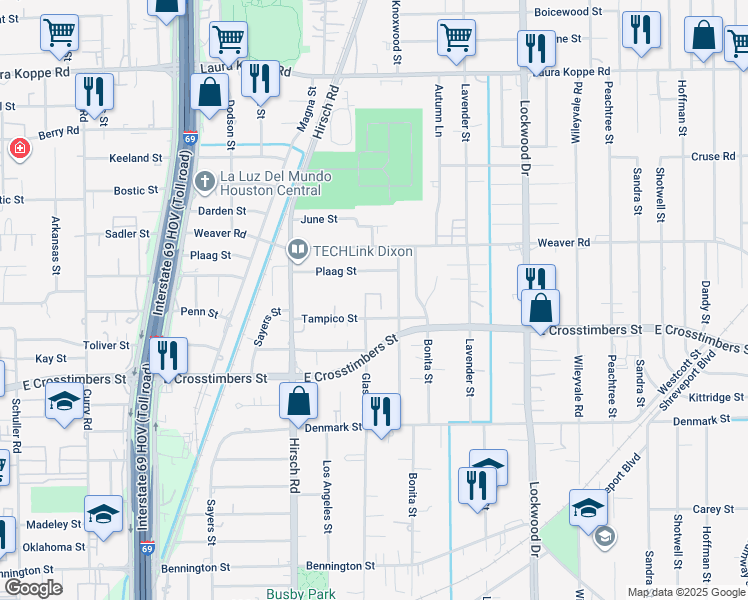 map of restaurants, bars, coffee shops, grocery stores, and more near 7957 Glass Circle in Houston