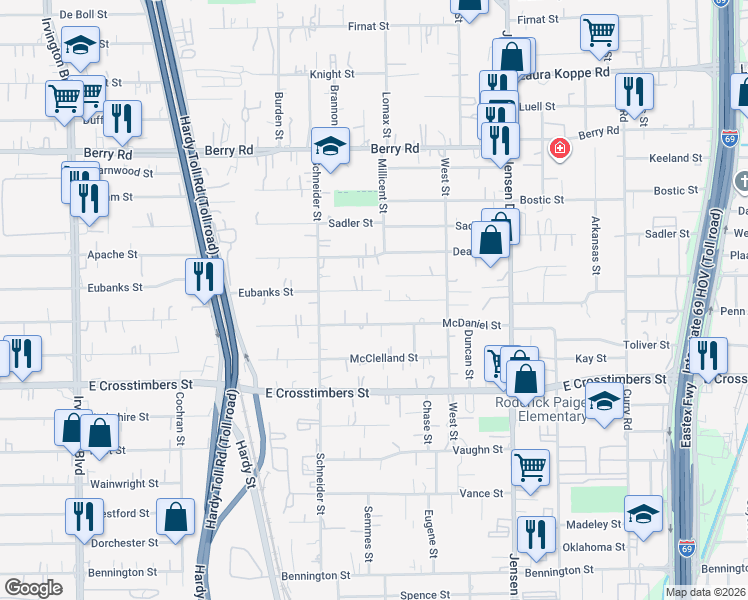 map of restaurants, bars, coffee shops, grocery stores, and more near 2014 Eubanks Street in Houston