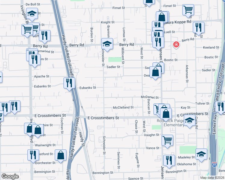 map of restaurants, bars, coffee shops, grocery stores, and more near 2014 Eubanks Street in Houston