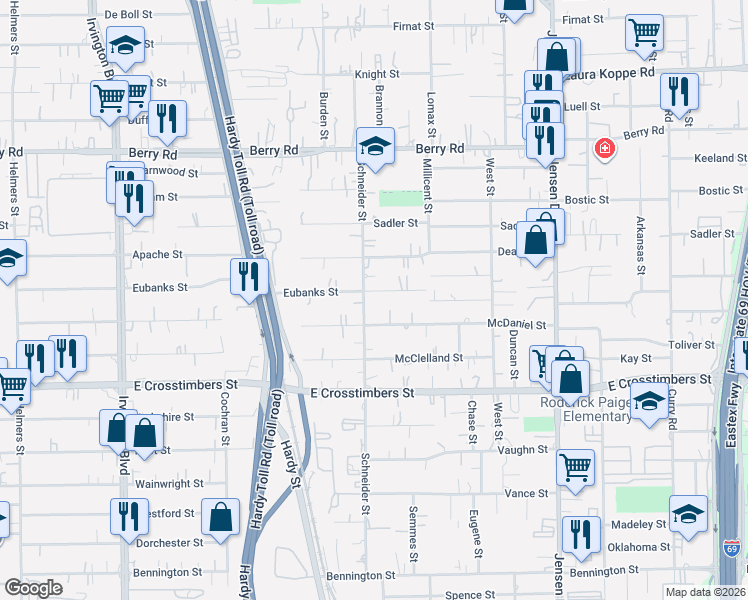 map of restaurants, bars, coffee shops, grocery stores, and more near 1910 Eubanks Street in Houston