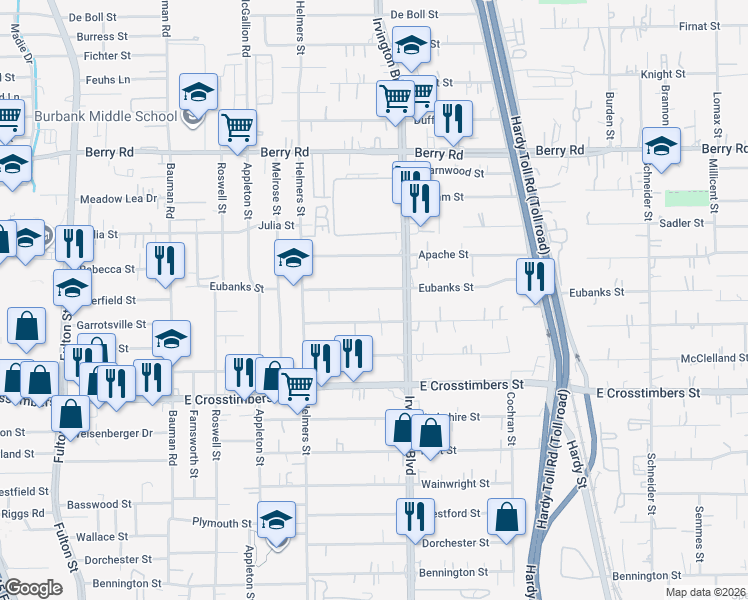 map of restaurants, bars, coffee shops, grocery stores, and more near 736 Eubanks Street in Houston