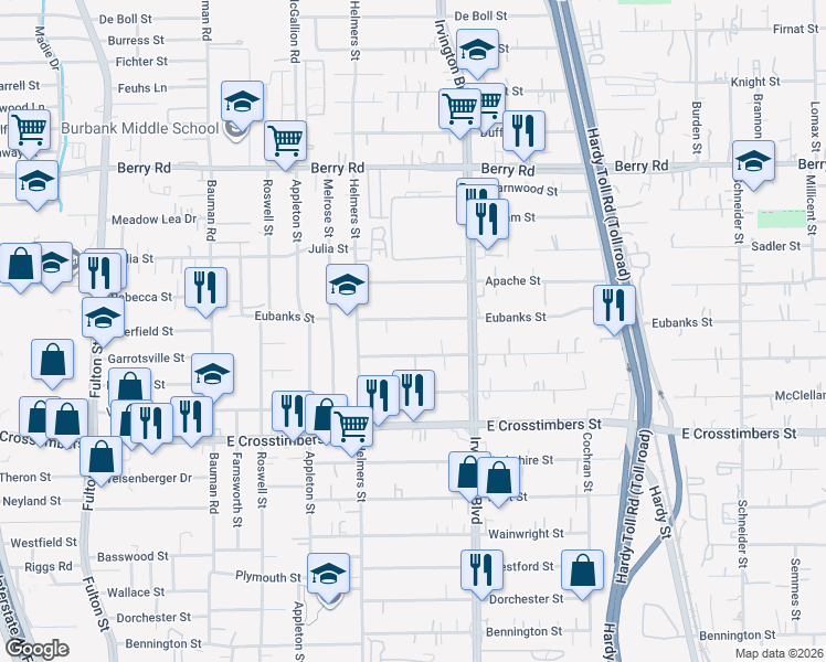 map of restaurants, bars, coffee shops, grocery stores, and more near 624 Eubanks Street in Houston