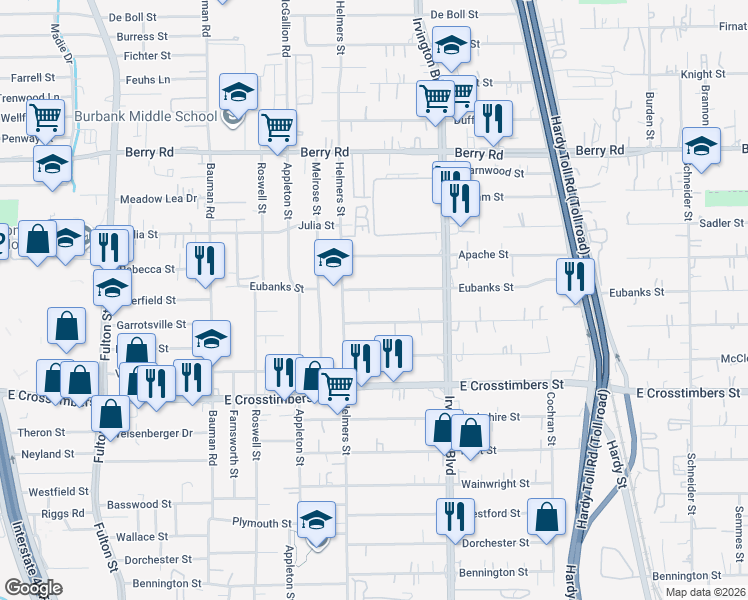 map of restaurants, bars, coffee shops, grocery stores, and more near 624 Eubanks Street in Houston